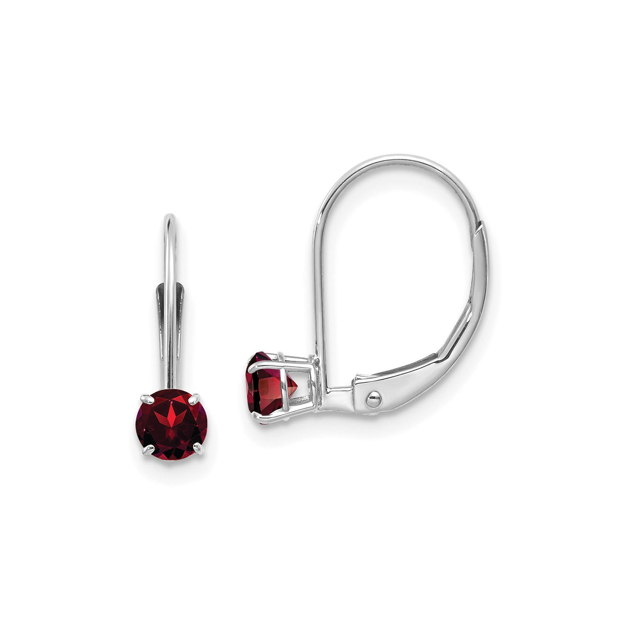 14k White Gold Garnet Leverback Earrings, Round Cut Dangle Style for Women