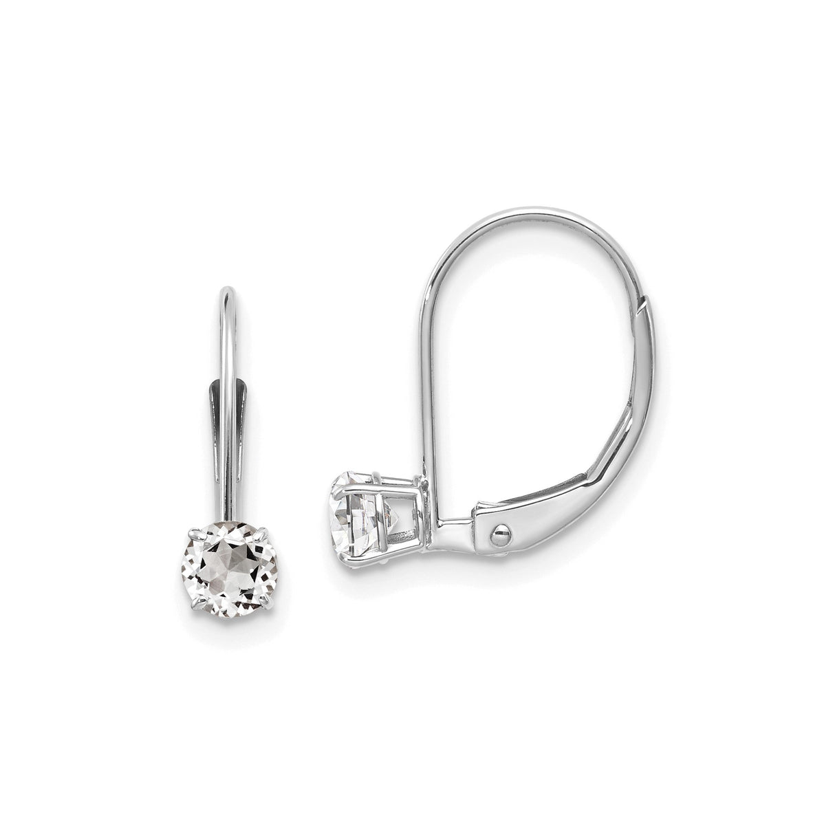 14k White Gold Leverback Earrings with White Topaz, Solitaire Prong Setting