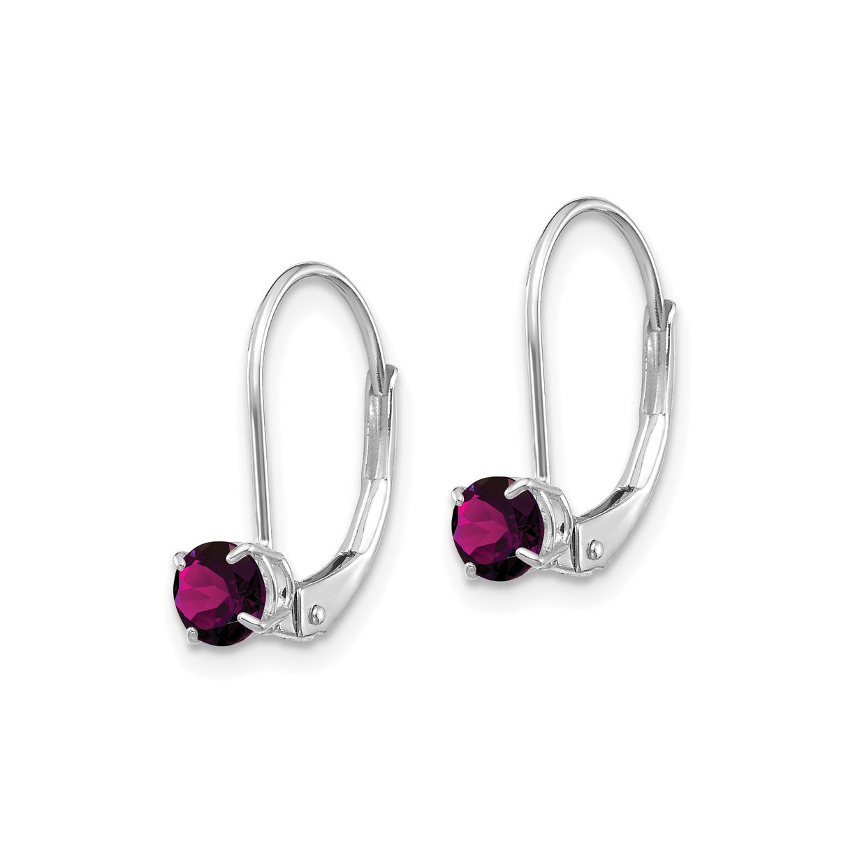 14k White Gold Leverback Earrings with Round Rhodolite Garnet, Minimalist Drop Style for Women
