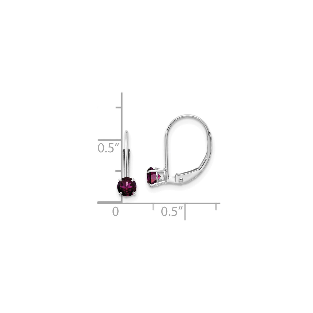 14k White Gold Leverback Earrings with Round Rhodolite Garnet, Minimalist Drop Style for Women