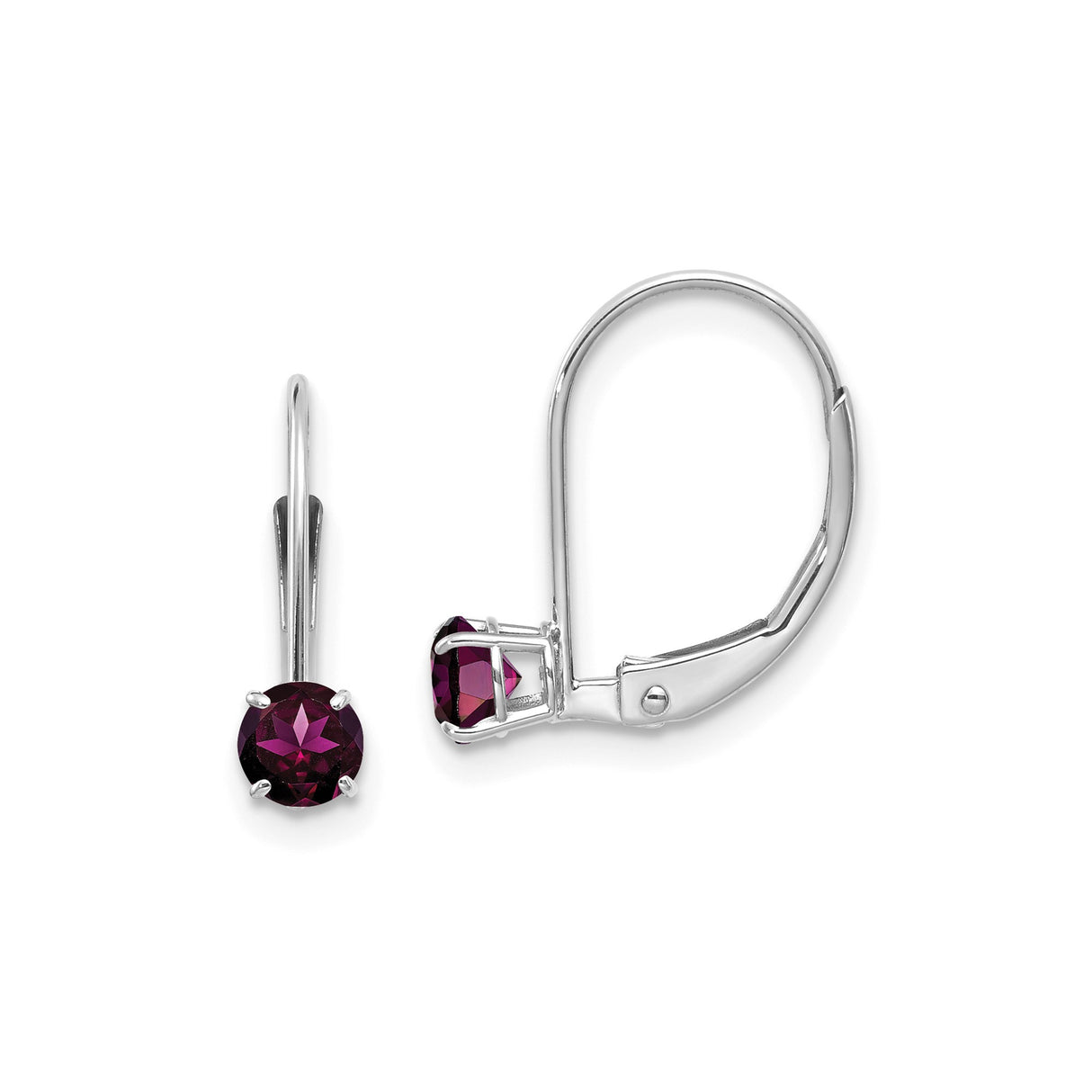 14k White Gold Leverback Earrings with Round Rhodolite Garnet, Minimalist Drop Style for Women
