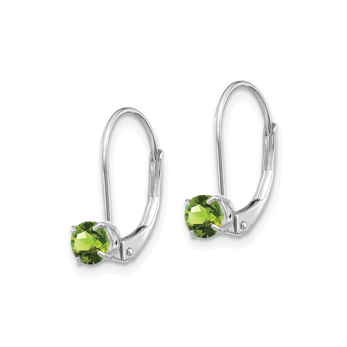 14k White Gold Leverback Earrings with Round Peridot Gemstones, Classic Drop Design