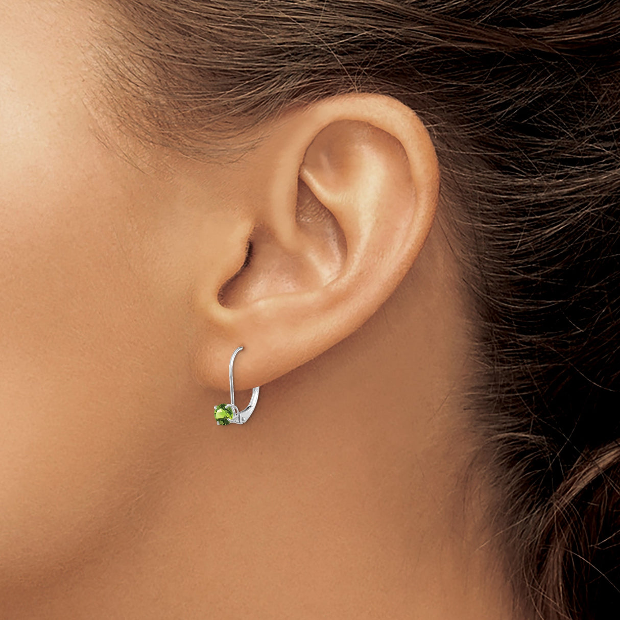 14k White Gold Leverback Earrings with Round Peridot Gemstones, Classic Drop Design