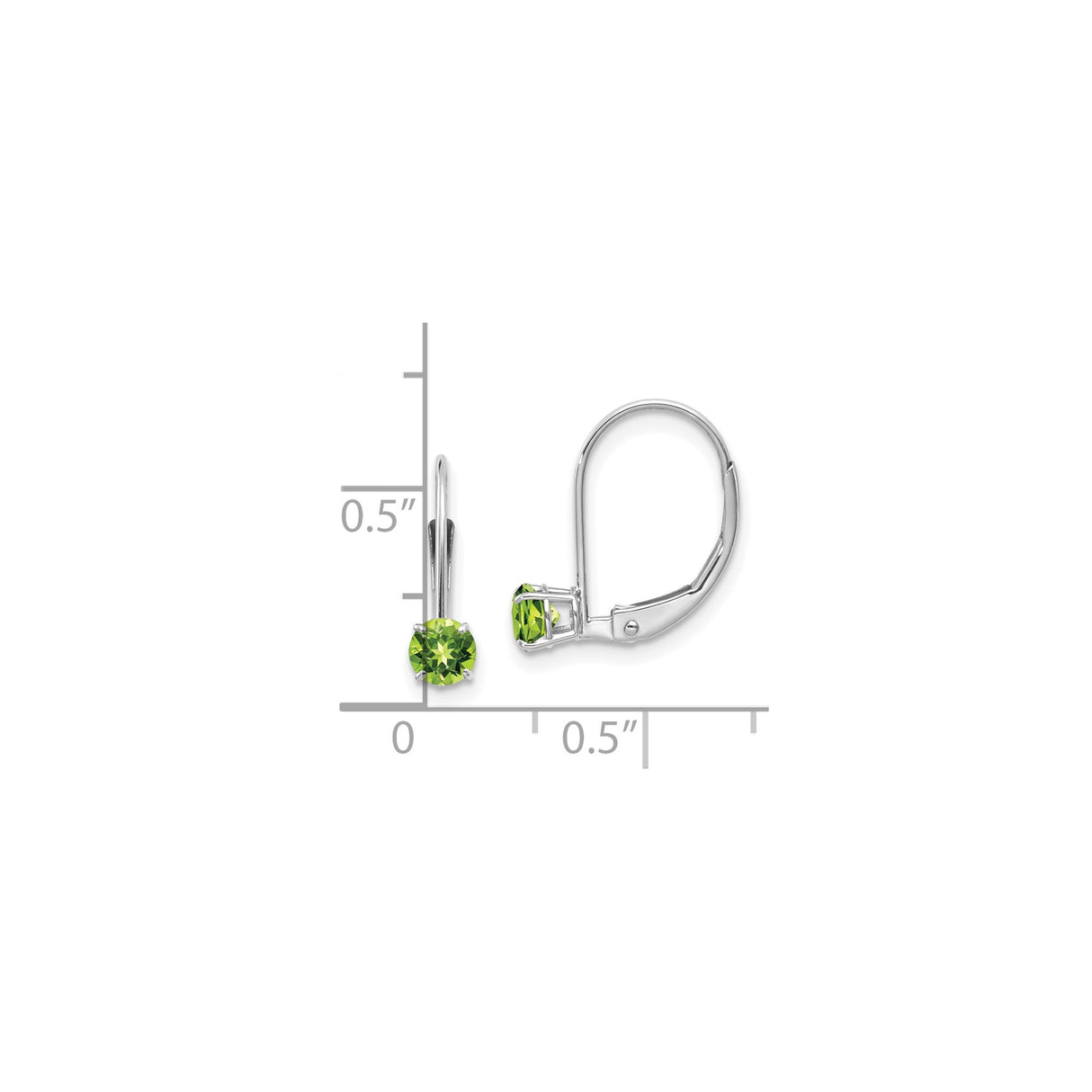 14k White Gold Leverback Earrings with Round Peridot Gemstones, Classic Drop Design
