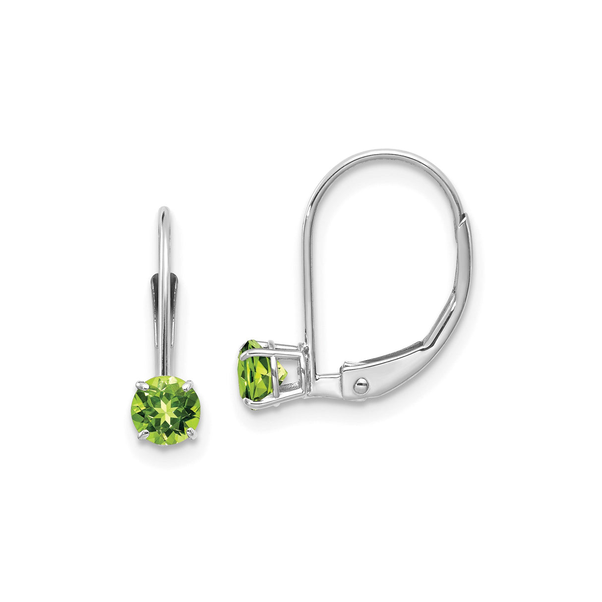 14k White Gold Leverback Earrings with Round Peridot Gemstones, Classic Drop Design