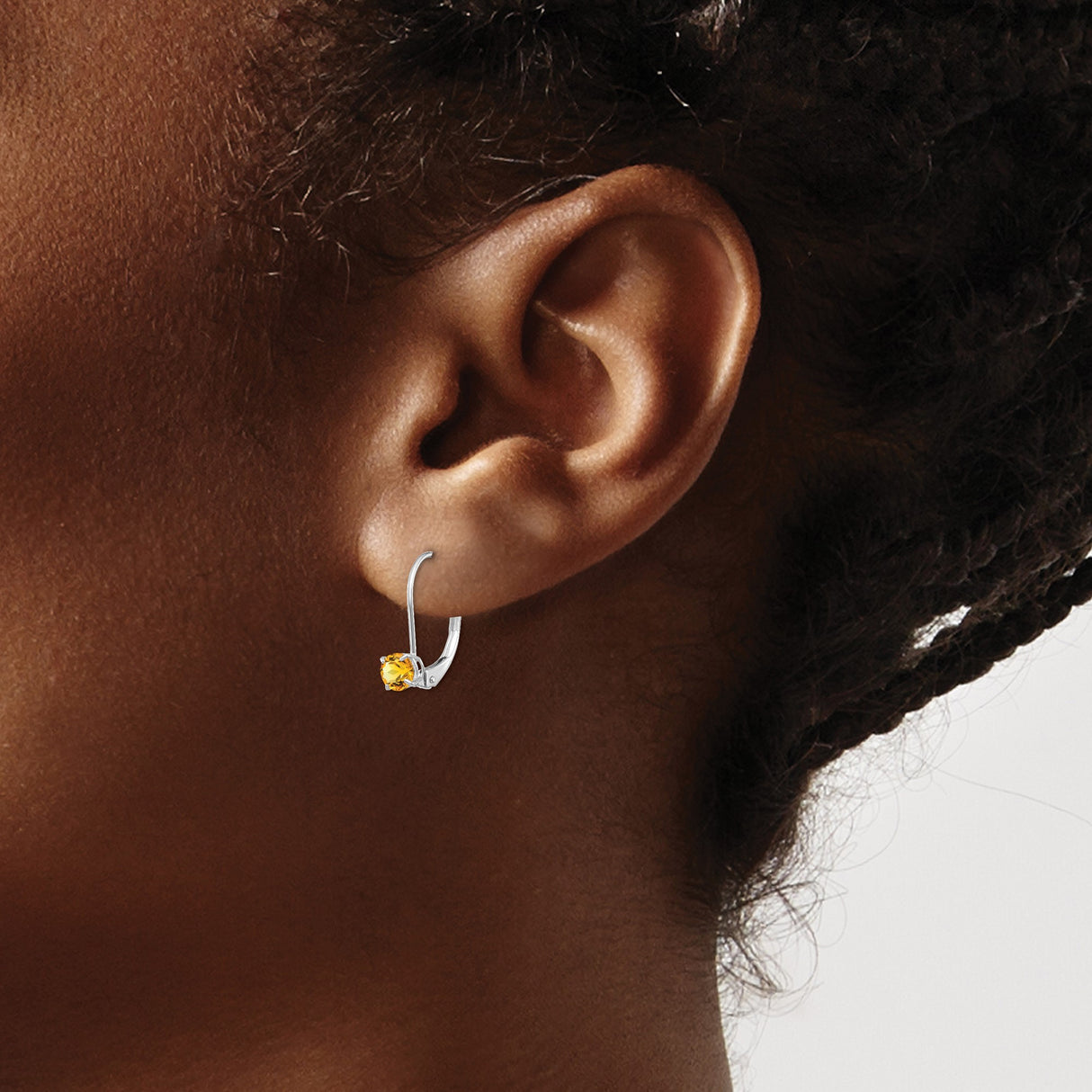 14k White Gold Leverback Earrings with Round Citrine in Prong Setting, Birthstone Jewelry for Women