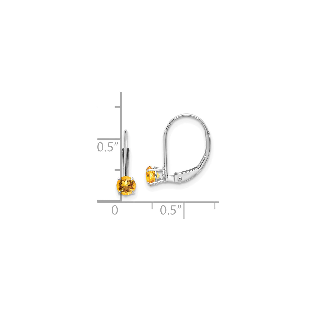 14k White Gold Leverback Earrings with Round Citrine in Prong Setting, Birthstone Jewelry for Women