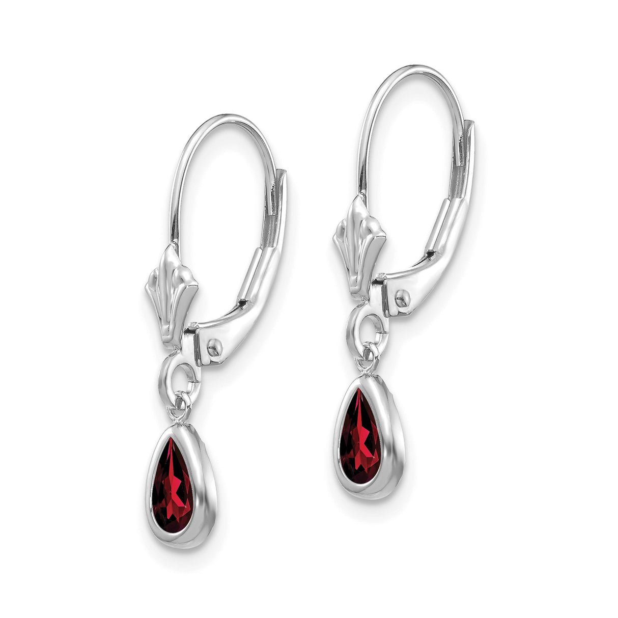 14k White Gold Dangle Earrings with Pear Shape Garnet in Bezel Setting, Leverback Drop Style