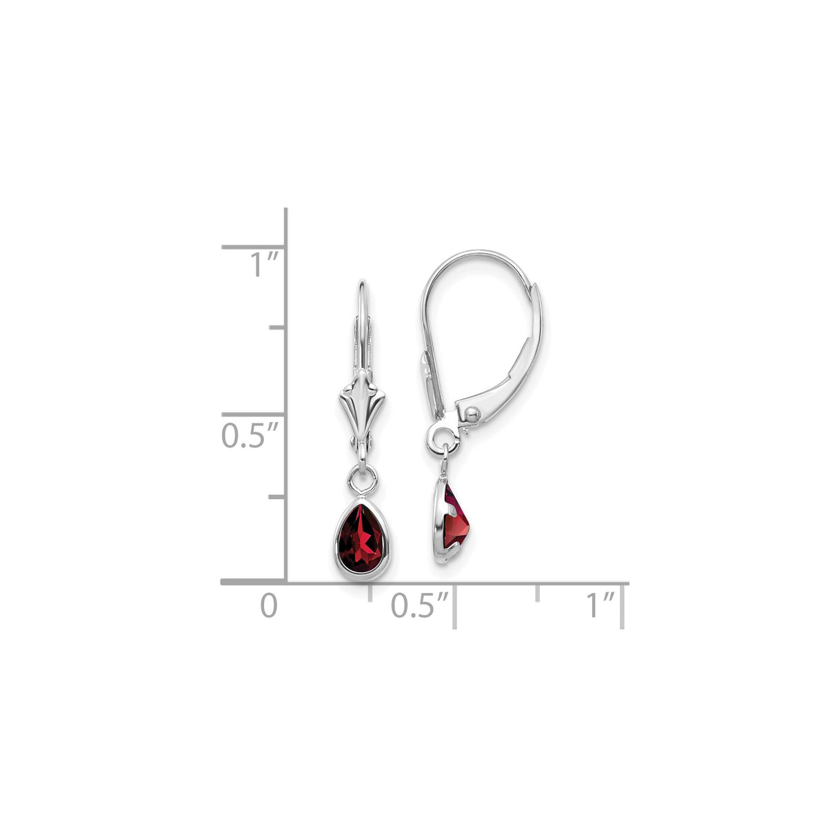 14k White Gold Dangle Earrings with Pear Shape Garnet in Bezel Setting, Leverback Drop Style