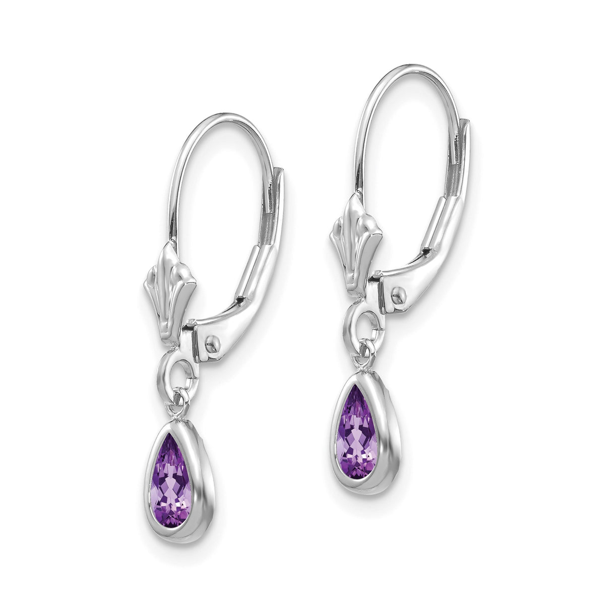 14k White Gold Dangle Earrings with Pear Shaped Amethyst in Bezel Setting