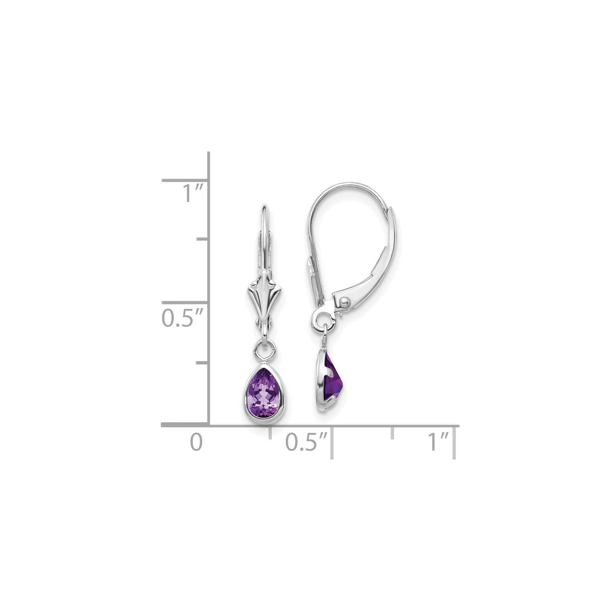 14k White Gold Dangle Earrings with Pear Shaped Amethyst in Bezel Setting