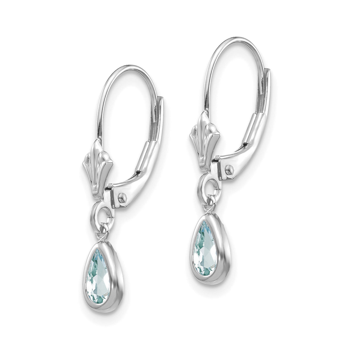 14k White Gold Dangle Earrings with Pear Aquamarine in Bezel Setting, Leverback Drop Style
