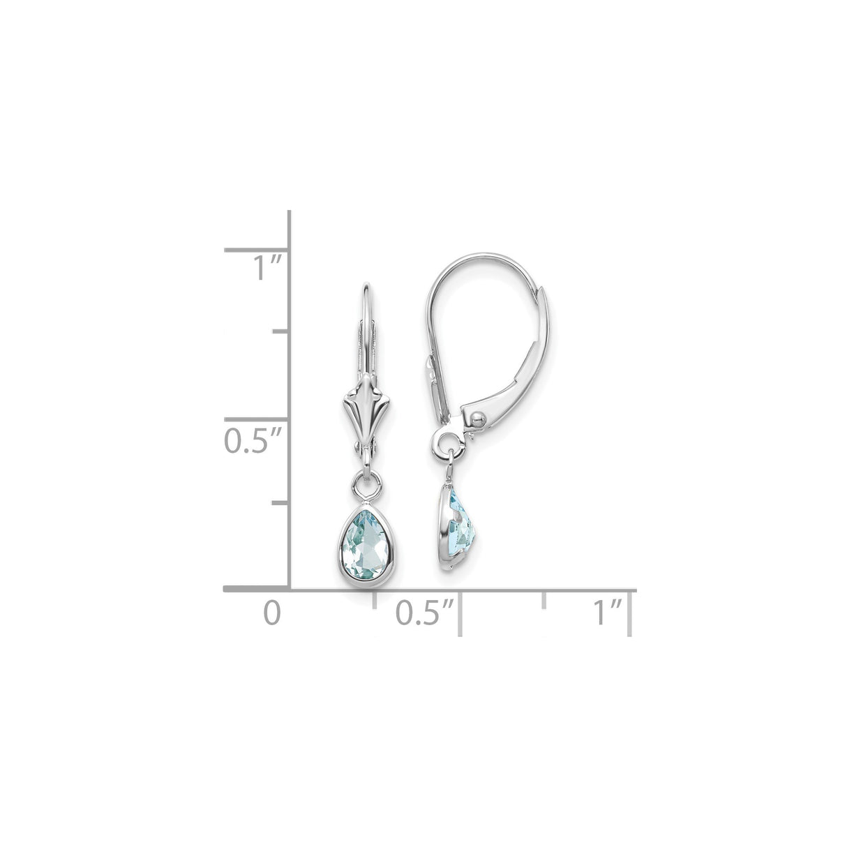 14k White Gold Dangle Earrings with Pear Aquamarine in Bezel Setting, Leverback Drop Style