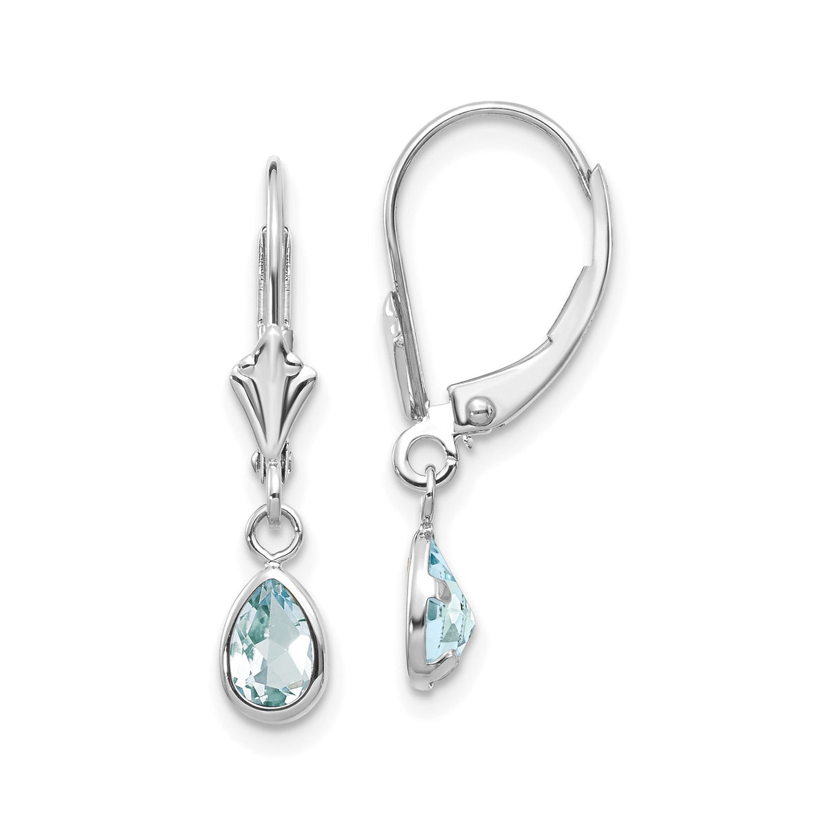 14k White Gold Dangle Earrings with Pear Aquamarine in Bezel Setting, Leverback Drop Style