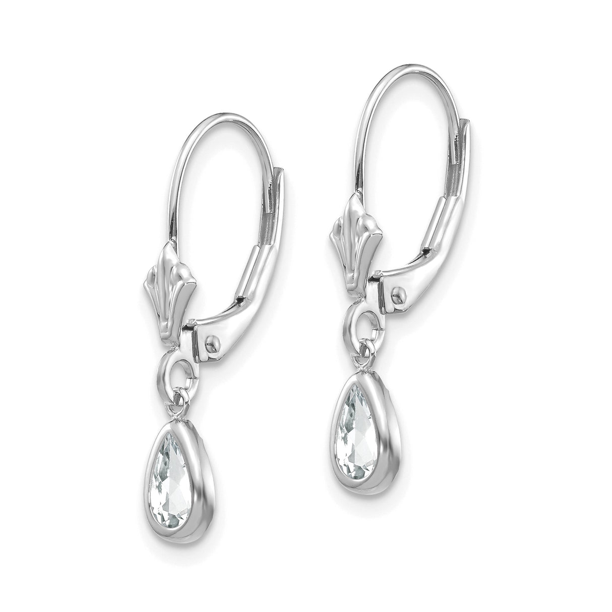 14k White Gold Dangle Earrings with Pear Shaped White Topaz in Bezel Setting, Leverback Design