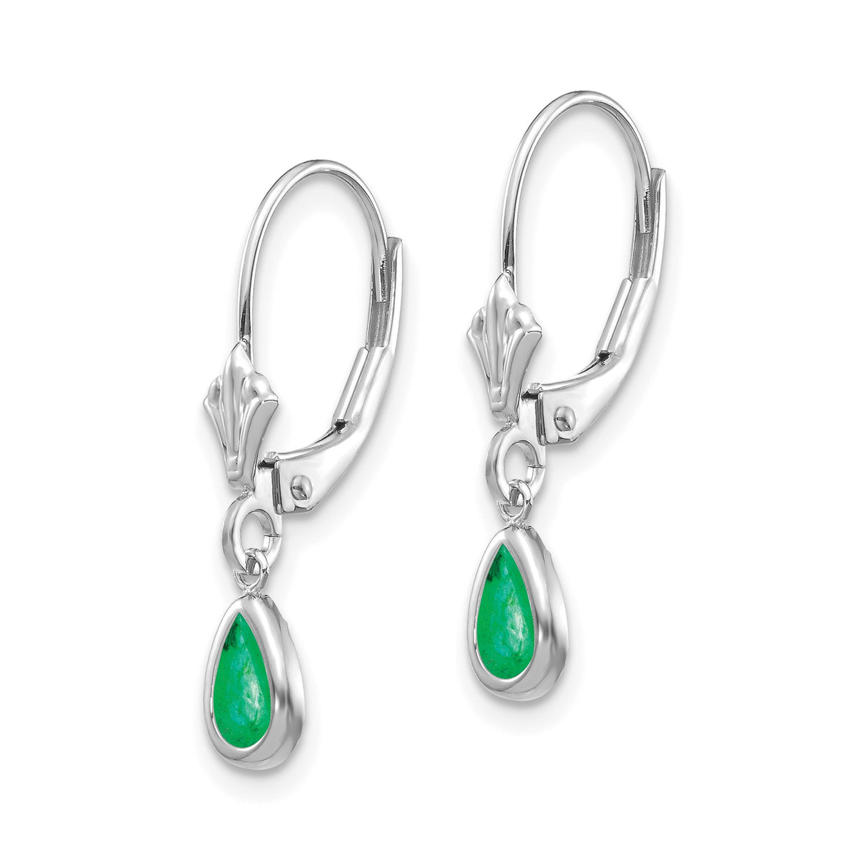 14k White Gold Dangle Earrings with Pear Shaped Emerald Bezel Setting for Women