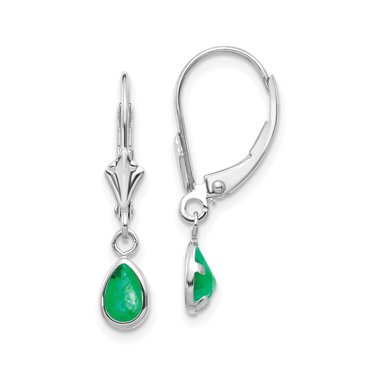 14k White Gold Dangle Earrings with Pear Shaped Emerald Bezel Setting for Women