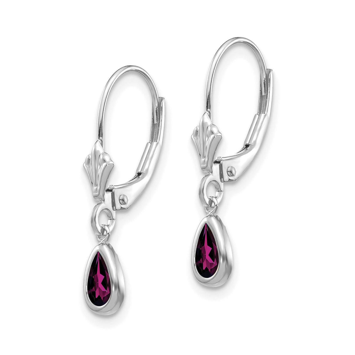 14k White Gold Dangle Earrings with Pear Shaped Rhodolite Garnet in Bezel Setting