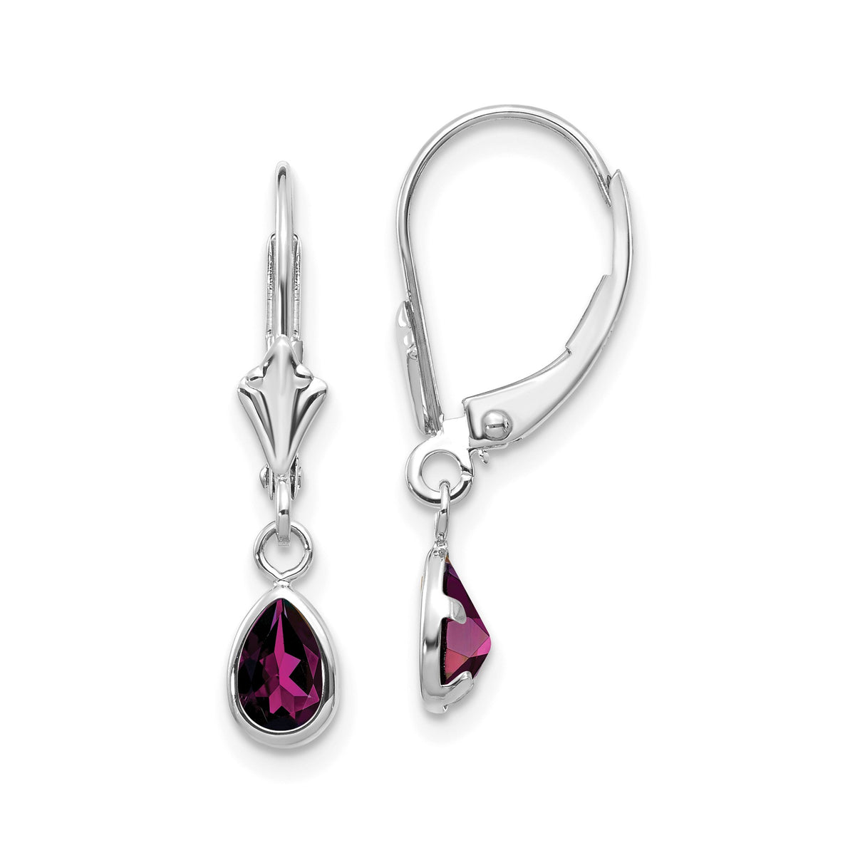 14k White Gold Dangle Earrings with Pear Shaped Rhodolite Garnet in Bezel Setting