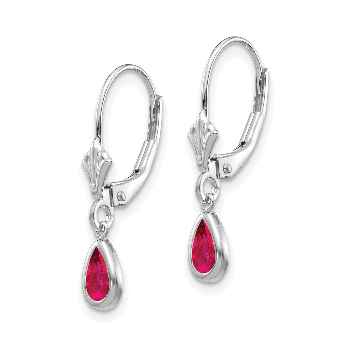14k White Gold Dangle Earrings with Pear Shaped Ruby in Bezel Setting, July Birthstone Jewelry