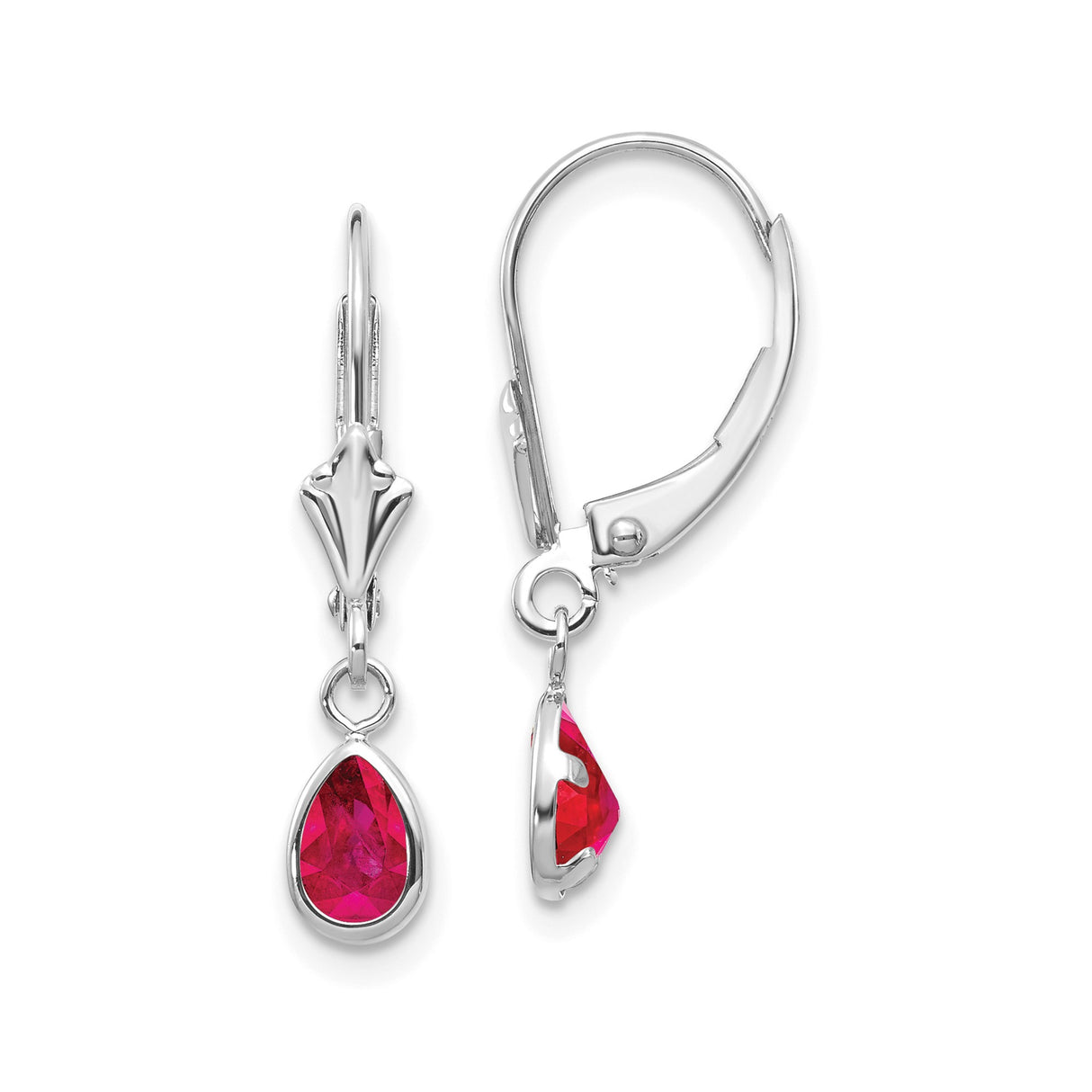 14k White Gold Dangle Earrings with Pear Shaped Ruby in Bezel Setting, July Birthstone Jewelry