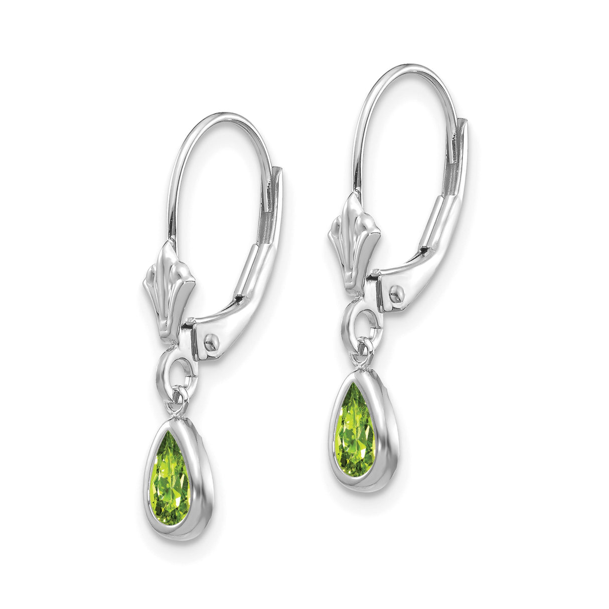 14k White Gold Dangle Earrings with Pear Shaped Peridot, Leverback Drop Design