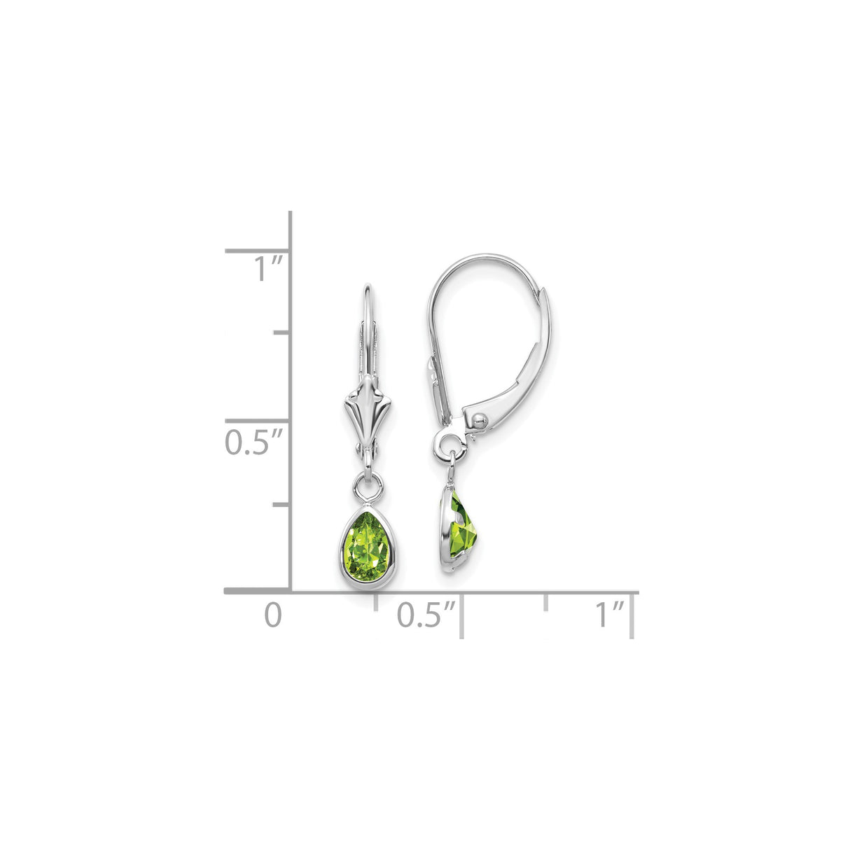 14k White Gold Dangle Earrings with Pear Shaped Peridot, Leverback Drop Design