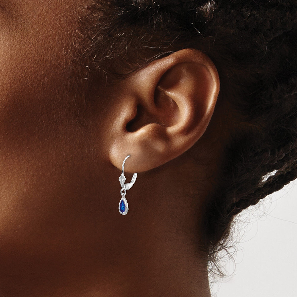 14k White Gold Dangle Earrings with Pear Shaped Sapphire in Bezel Setting Leverback Style