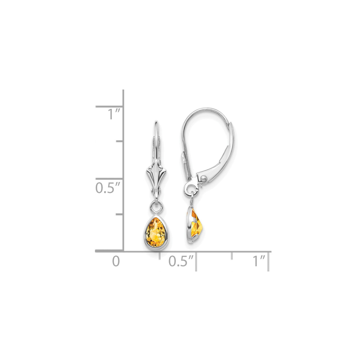14k White Gold Dangle Earrings with Teardrop Citrine in Bezel Setting, Leverback Drop Style