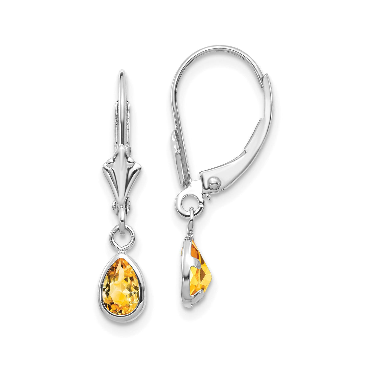 14k White Gold Dangle Earrings with Teardrop Citrine in Bezel Setting, Leverback Drop Style