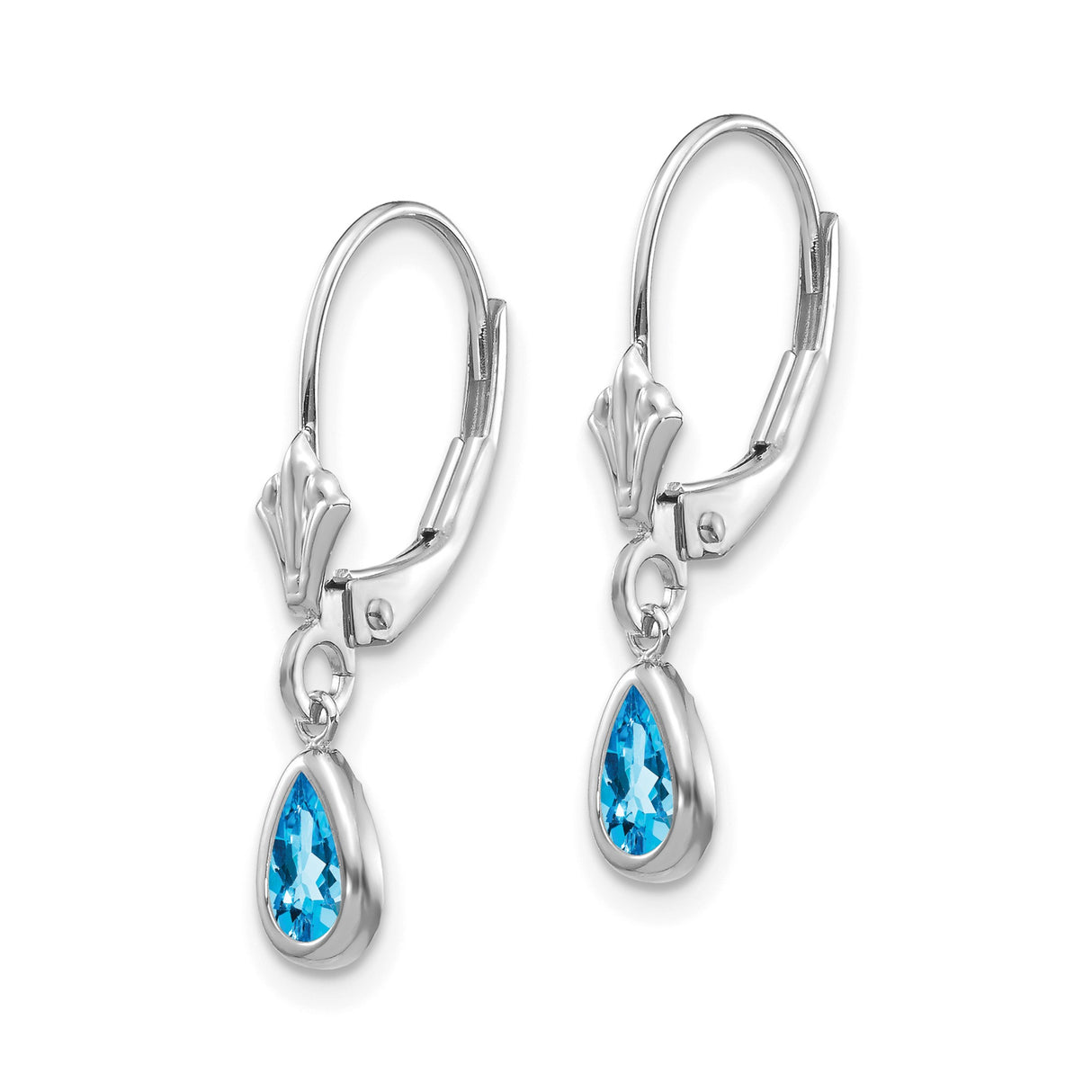 14k White Gold Dangle Earrings with Pear Shaped Swiss Blue Topaz Bezel Setting Leverback Drops