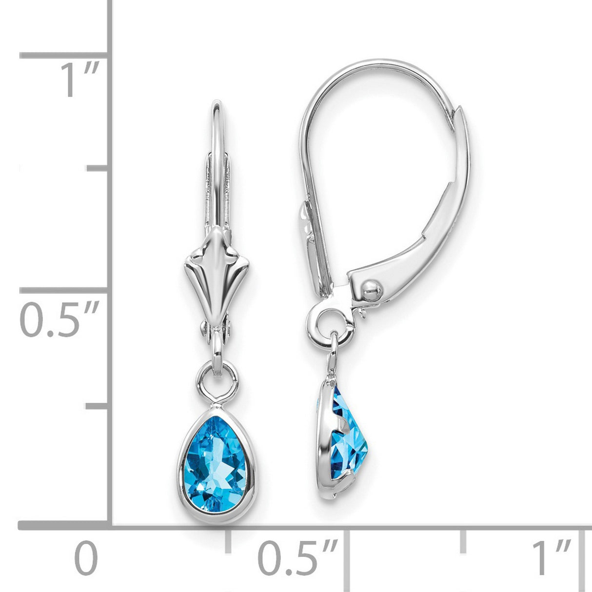 14k White Gold Dangle Earrings with Pear Shaped Swiss Blue Topaz Bezel Setting Leverback Drops