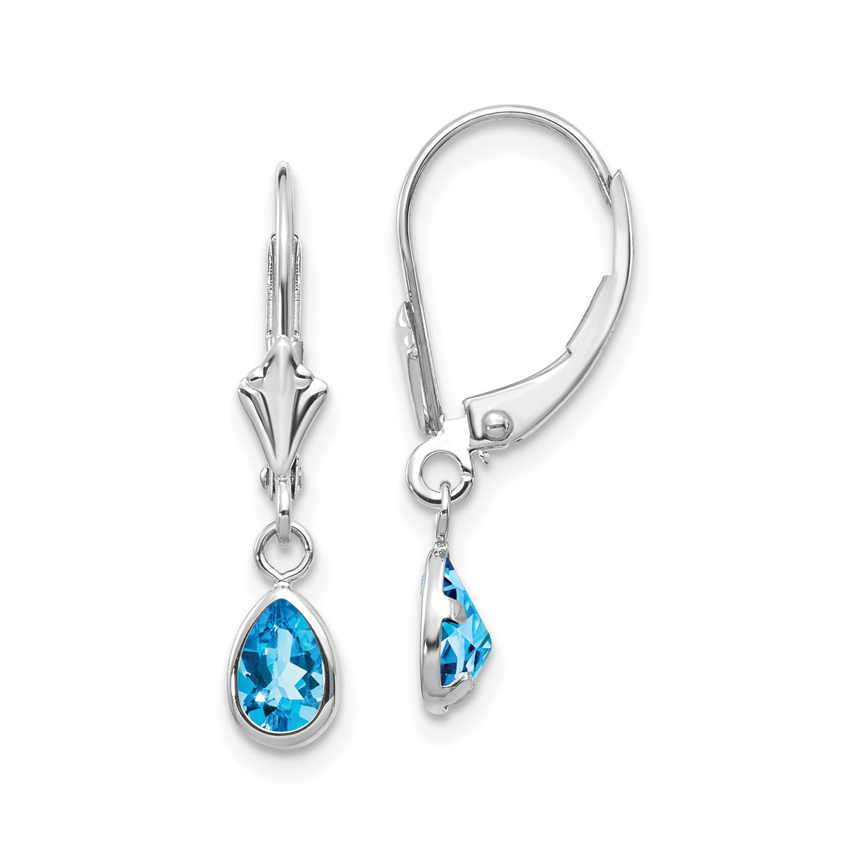14k White Gold Dangle Earrings with Pear Shaped Swiss Blue Topaz Bezel Setting Leverback Drops