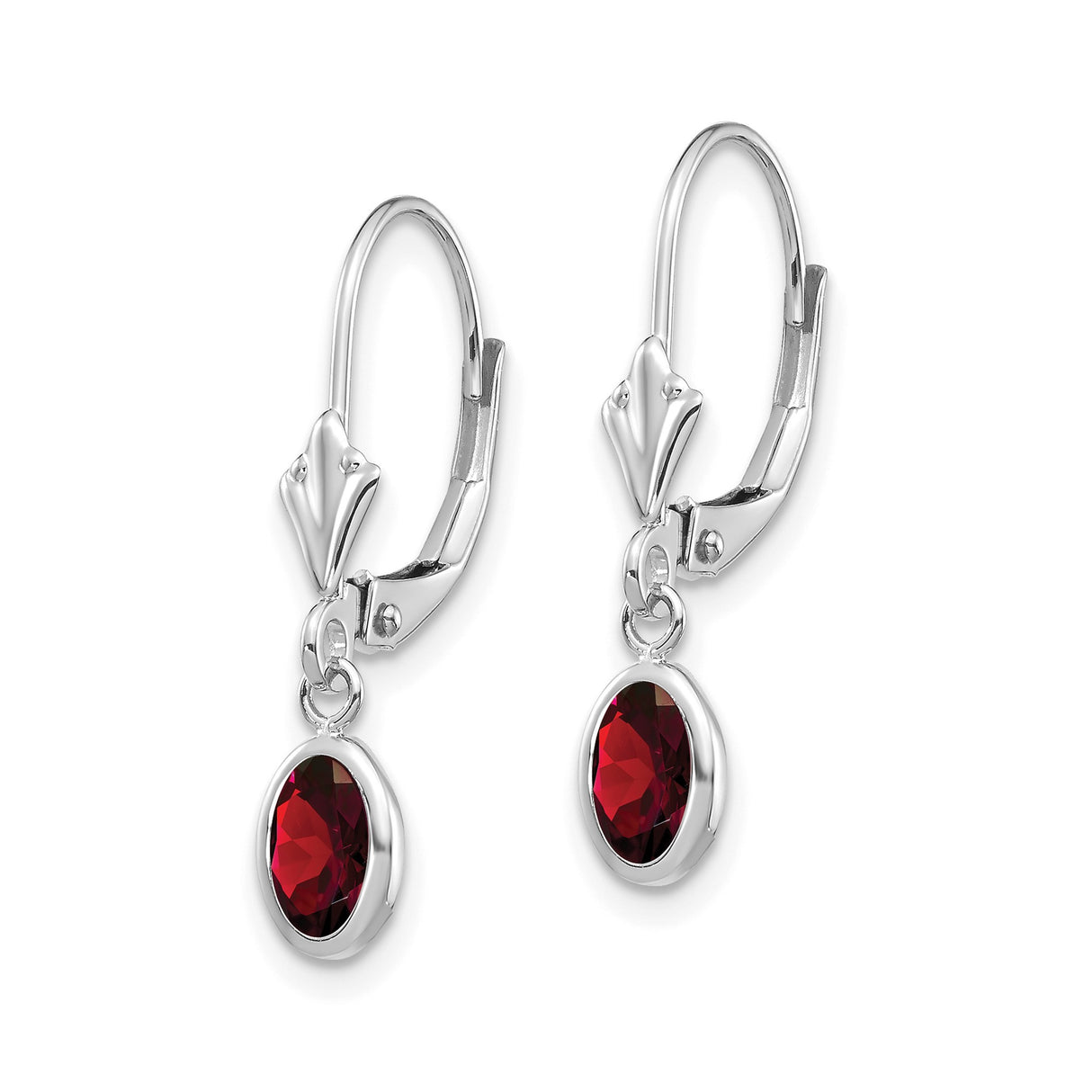 14k White Gold Dangle Earrings with Oval Garnet in Bezel Setting Leverback Style