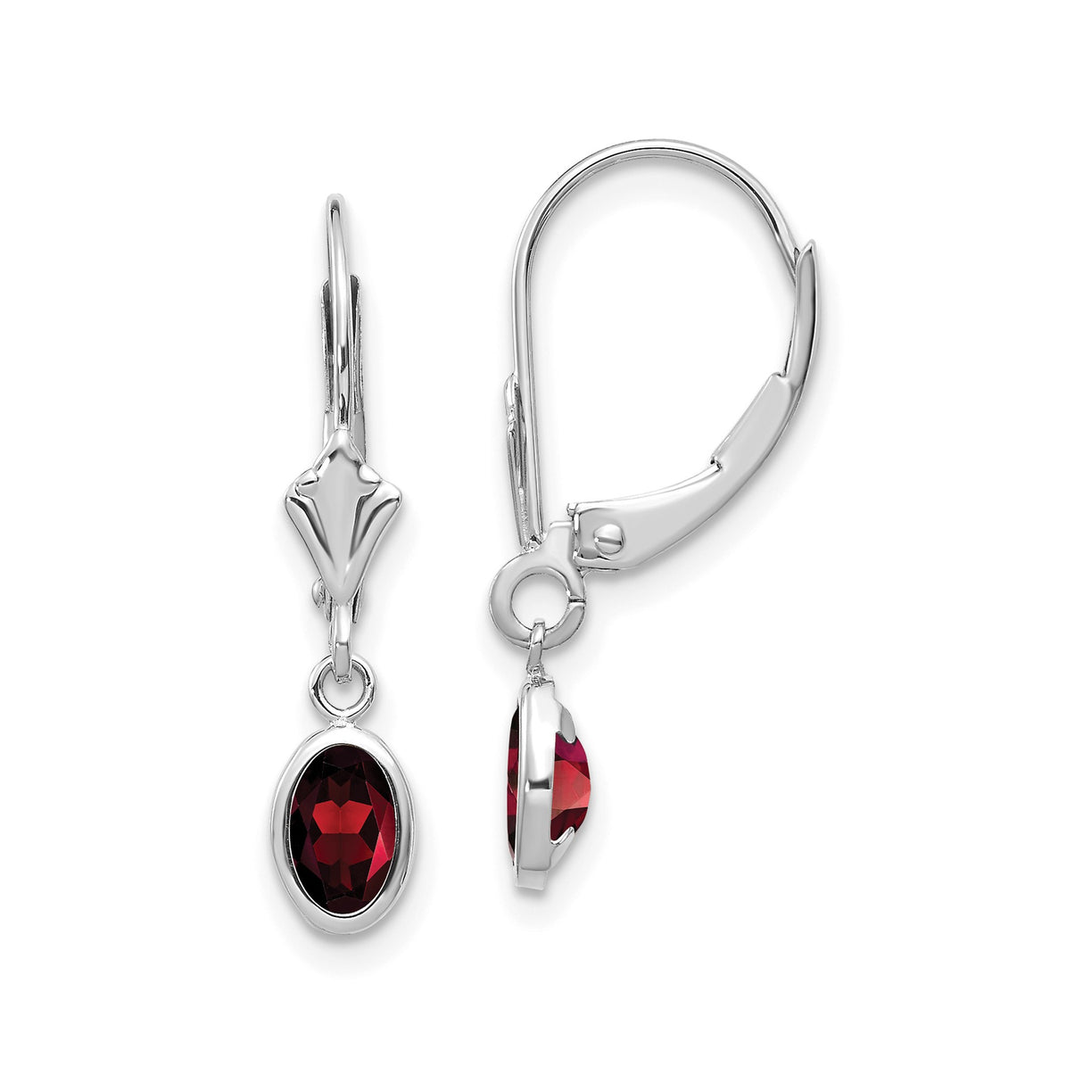 14k White Gold Dangle Earrings with Oval Garnet in Bezel Setting Leverback Style