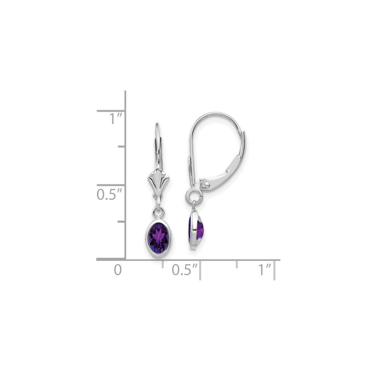 14k White Gold Dangle Earrings with Oval Amethyst in Bezel Setting, Leverback Closure