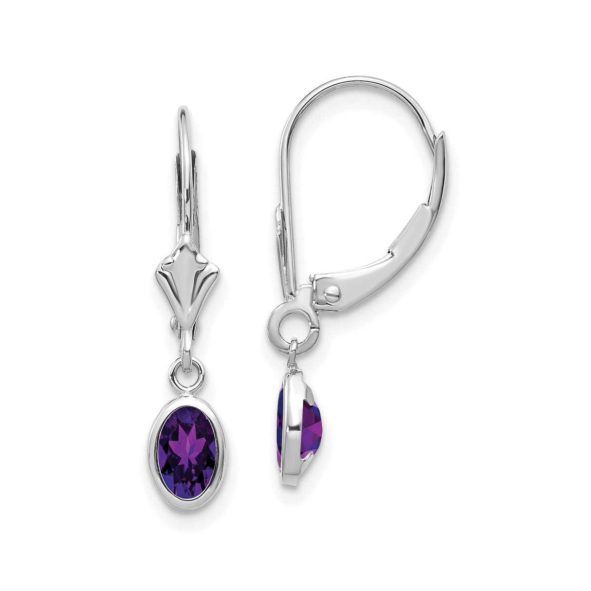 14k White Gold Dangle Earrings with Oval Amethyst in Bezel Setting, Leverback Closure