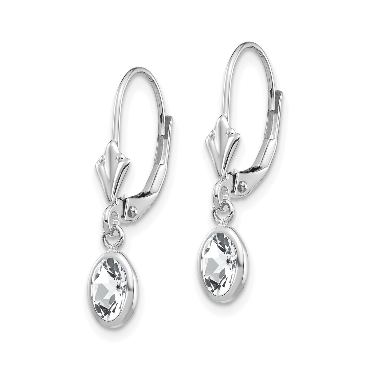14k White Gold Dangle Earrings with White Topaz, Oval Cut Bezel Set Leverback Design