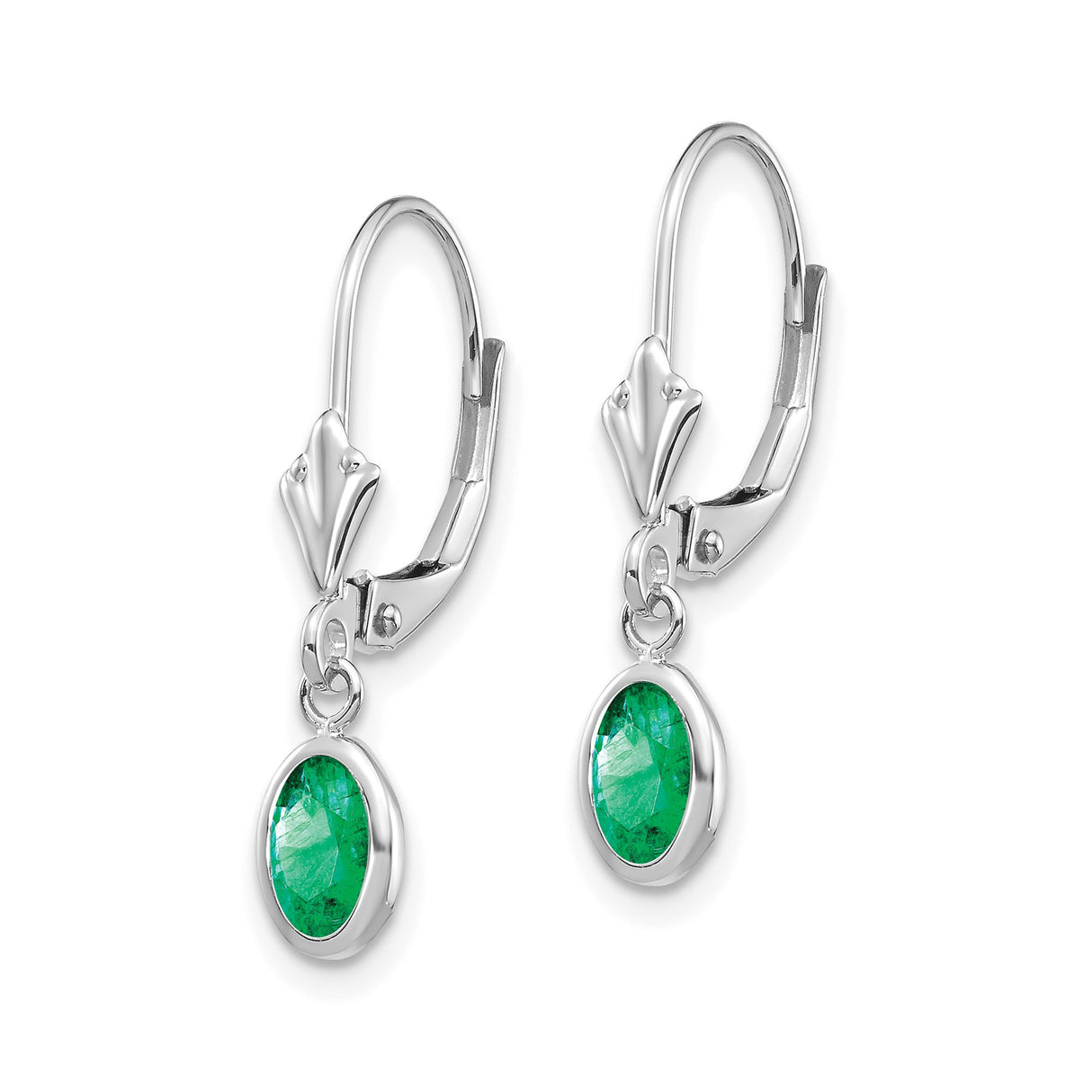14k White Gold Leverback Drop Earrings with Oval Emerald Bezel Set Dangles