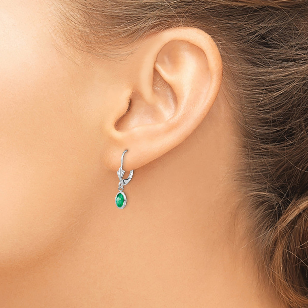 14k White Gold Leverback Drop Earrings with Oval Emerald Bezel Set Dangles
