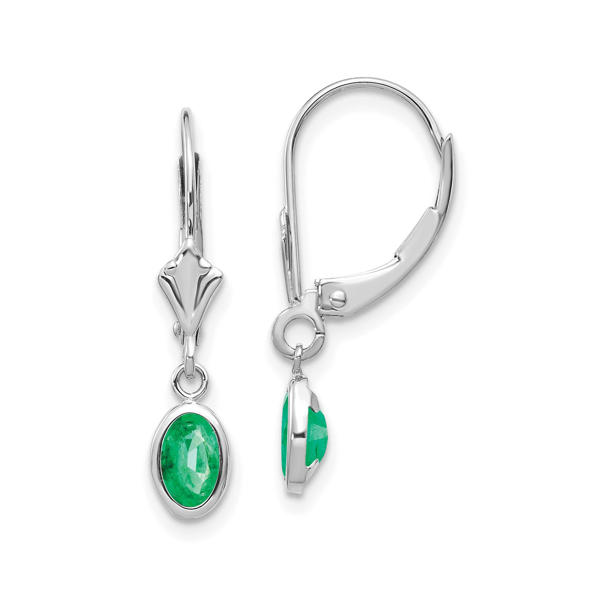 14k White Gold Leverback Drop Earrings with Oval Emerald Bezel Set Dangles