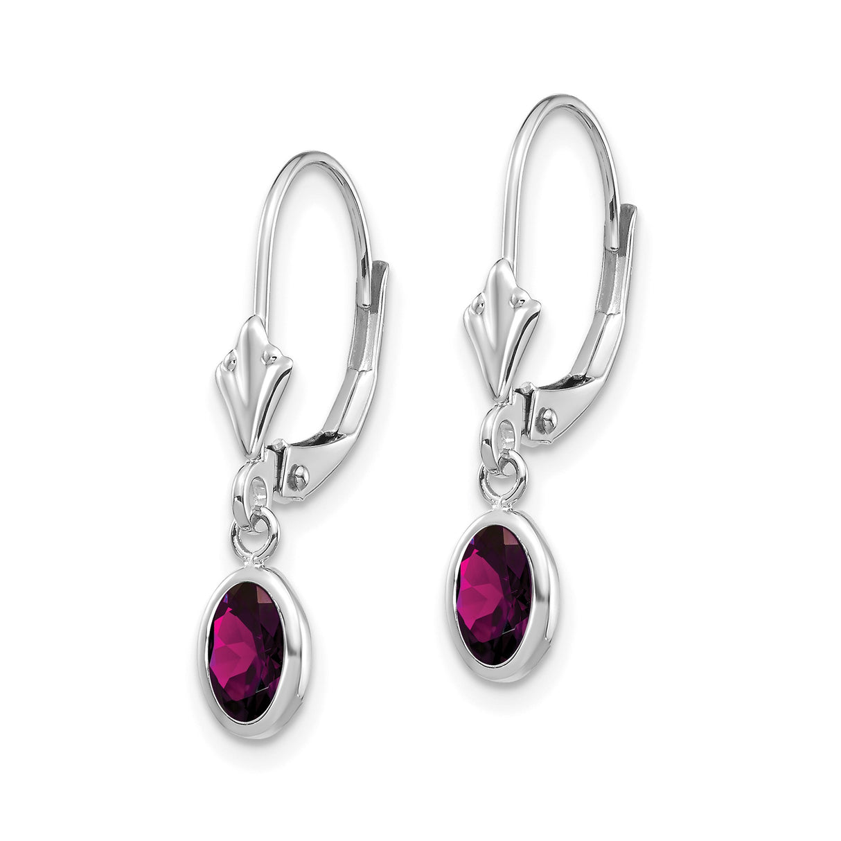 14k White Gold Dangle Earrings with Rhodolite Garnet, Bezel Setting, Leverback Drop Design