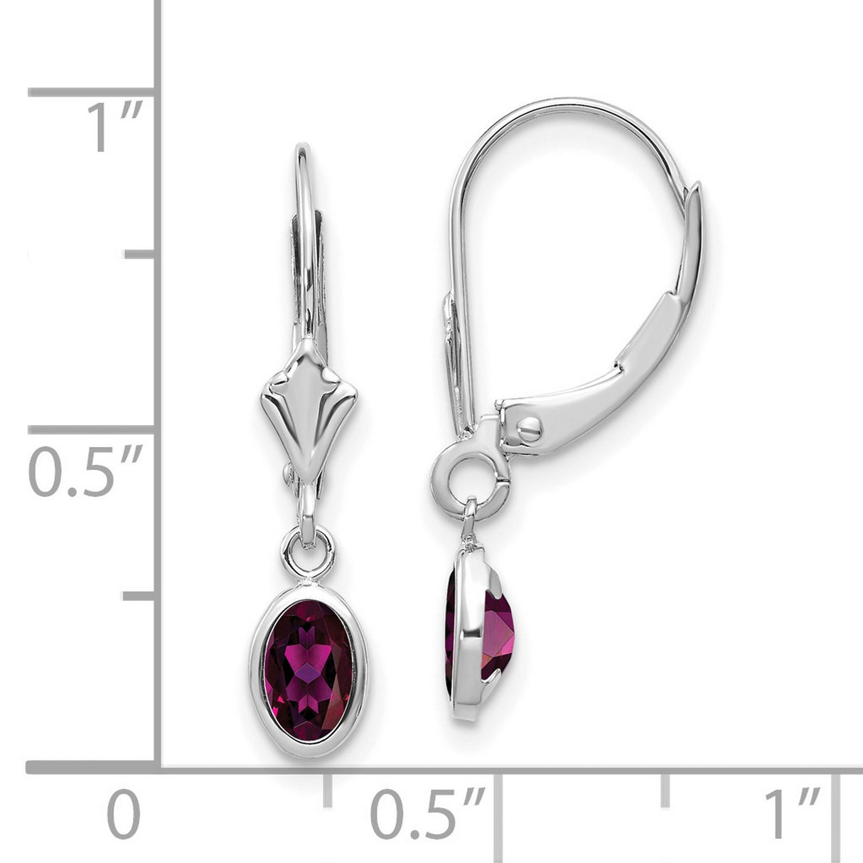 14k White Gold Dangle Earrings with Rhodolite Garnet, Bezel Setting, Leverback Drop Design