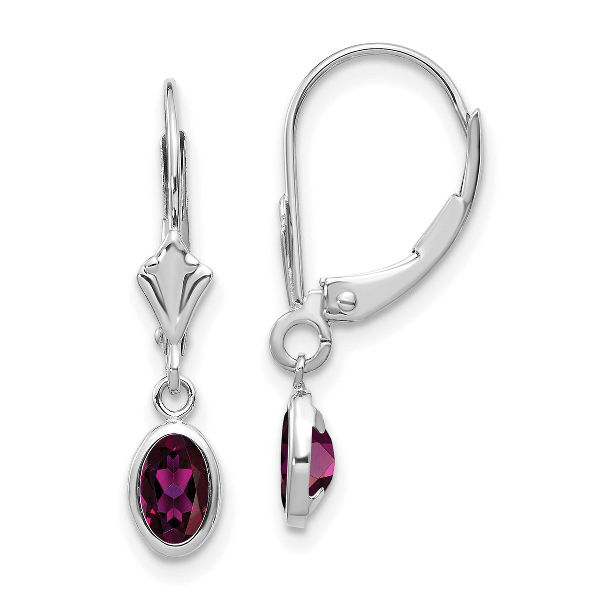 14k White Gold Dangle Earrings with Rhodolite Garnet, Bezel Setting, Leverback Drop Design