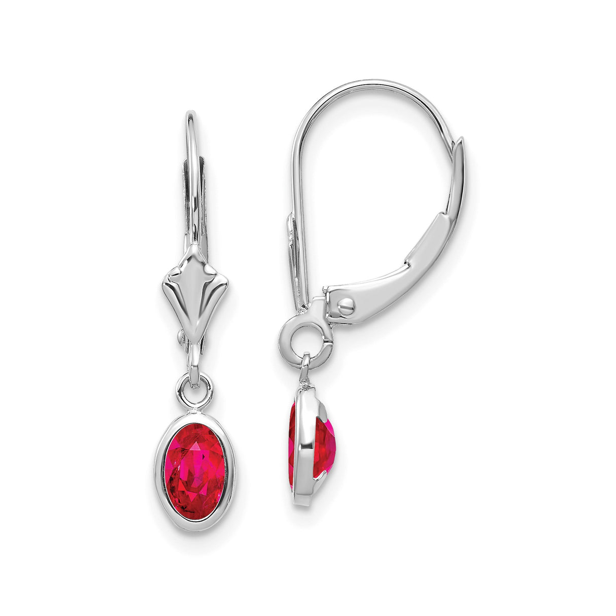 14k White Gold Leverback Drop Earrings with Oval Ruby in Bezel Setting