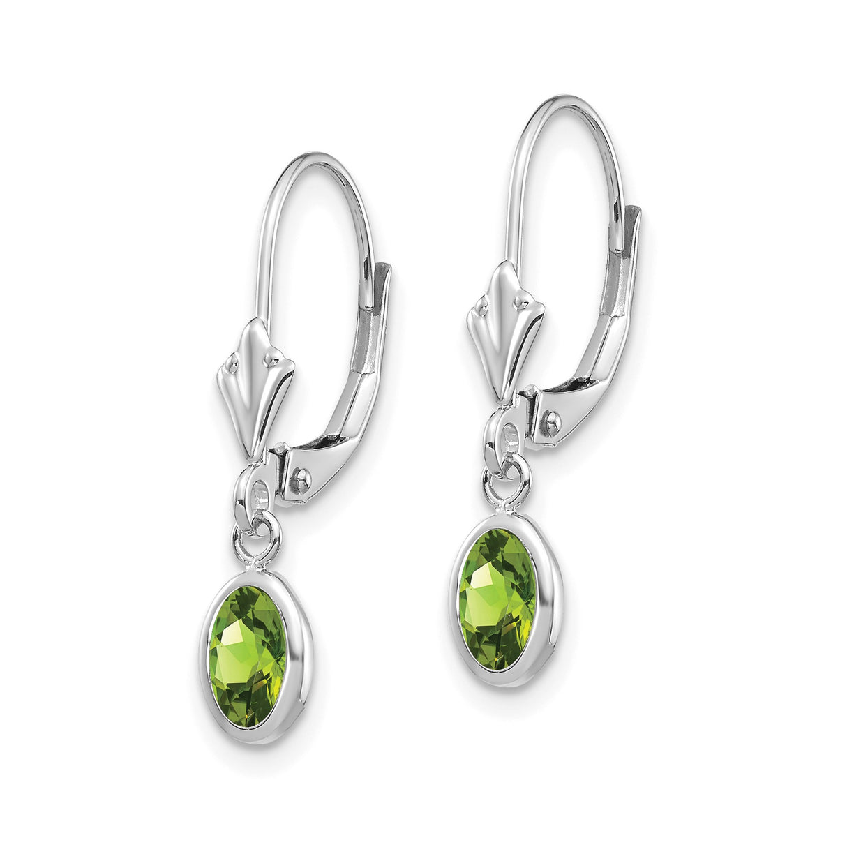 14k White Gold Dangle Drop Earrings with Oval Peridot, Bezel Setting and Leaf Accent
