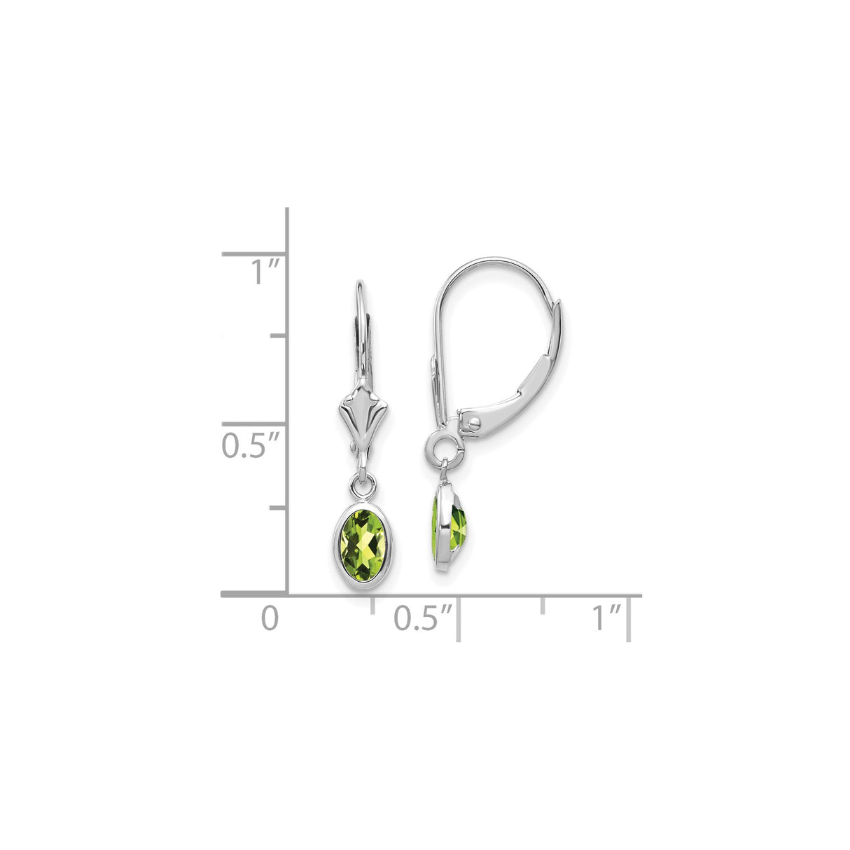 14k White Gold Dangle Drop Earrings with Oval Peridot, Bezel Setting and Leaf Accent