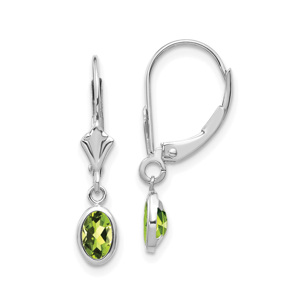 14k White Gold Dangle Drop Earrings with Oval Peridot, Bezel Setting and Leaf Accent