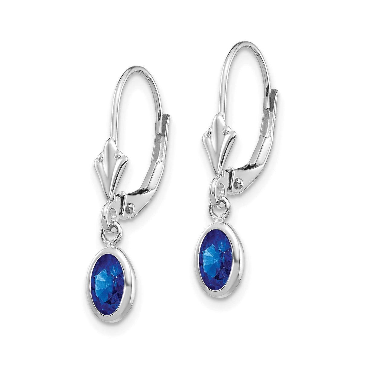 14k White Gold Dangle Earrings with Oval Sapphire in Bezel Setting, Leverback Drop Design