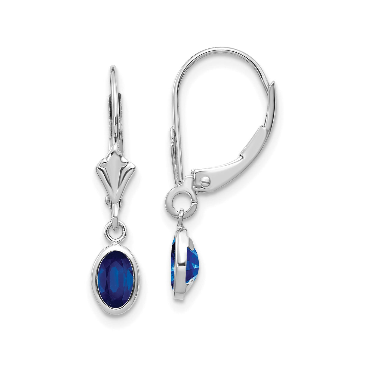 14k White Gold Dangle Earrings with Oval Sapphire in Bezel Setting, Leverback Drop Design